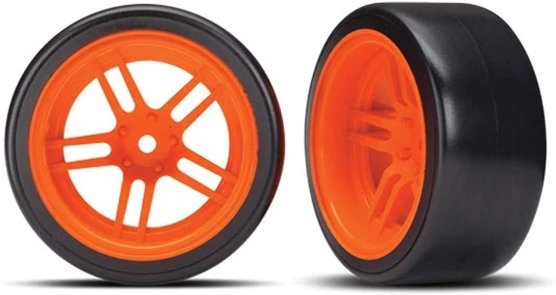 Traxxas TRA8377A Tires and wheels, assembled, glued (split-spoke orange wheels, 1.9' Drift tires) (rear)