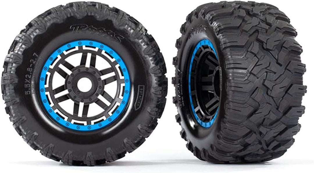 Traxxas 8972A Tires & Wheels, Black, Blue Beadlock Style, Maxx Mt Tires (2) 17mm