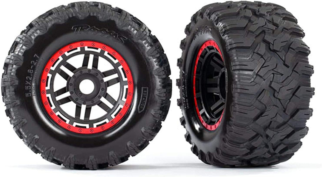 Traxxas 897R Tires & Wheels (Black, Red Beadlock Style, Maxx Mt Tires) (2) 17mm