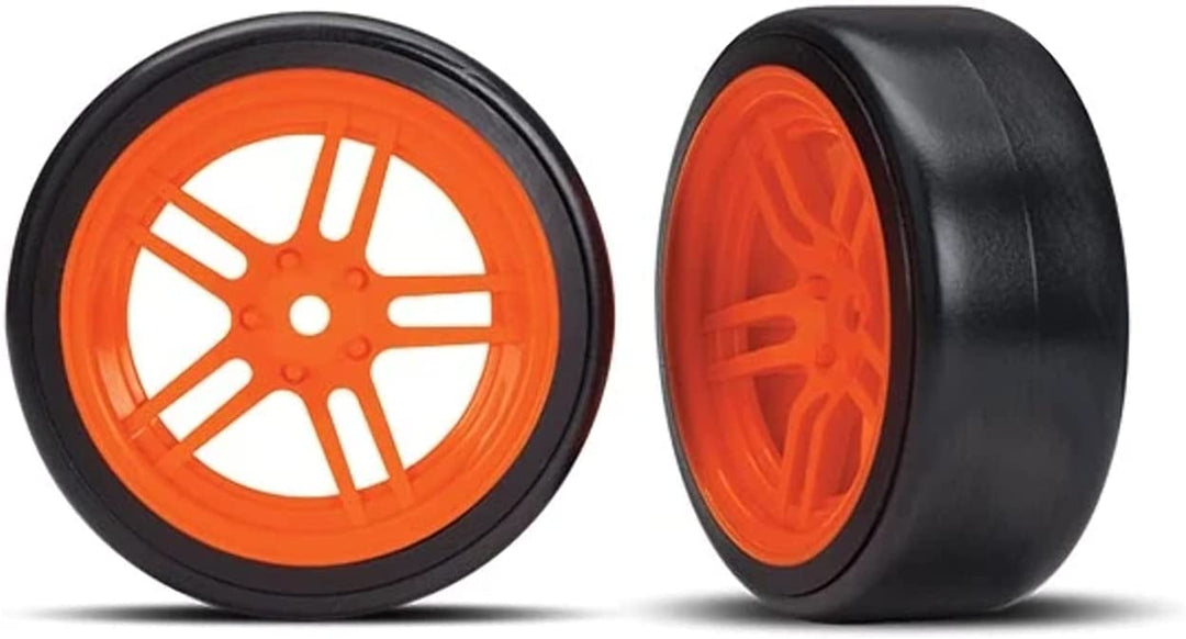 Traxxas TRA8376A Tires and wheels, assembled, glued (split-spoke orange wheels, 1.9' Drift tires) (front)
