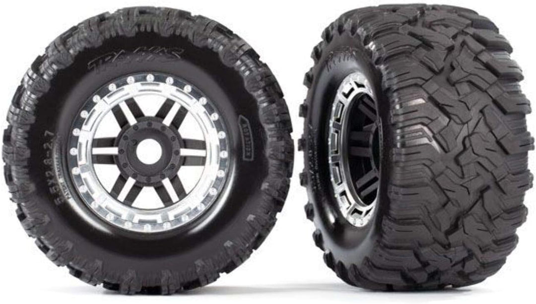 Traxxas 8972X Tires & Wheels, Black, Satin Chrome Beadlock Style, Maxx Mt Tires